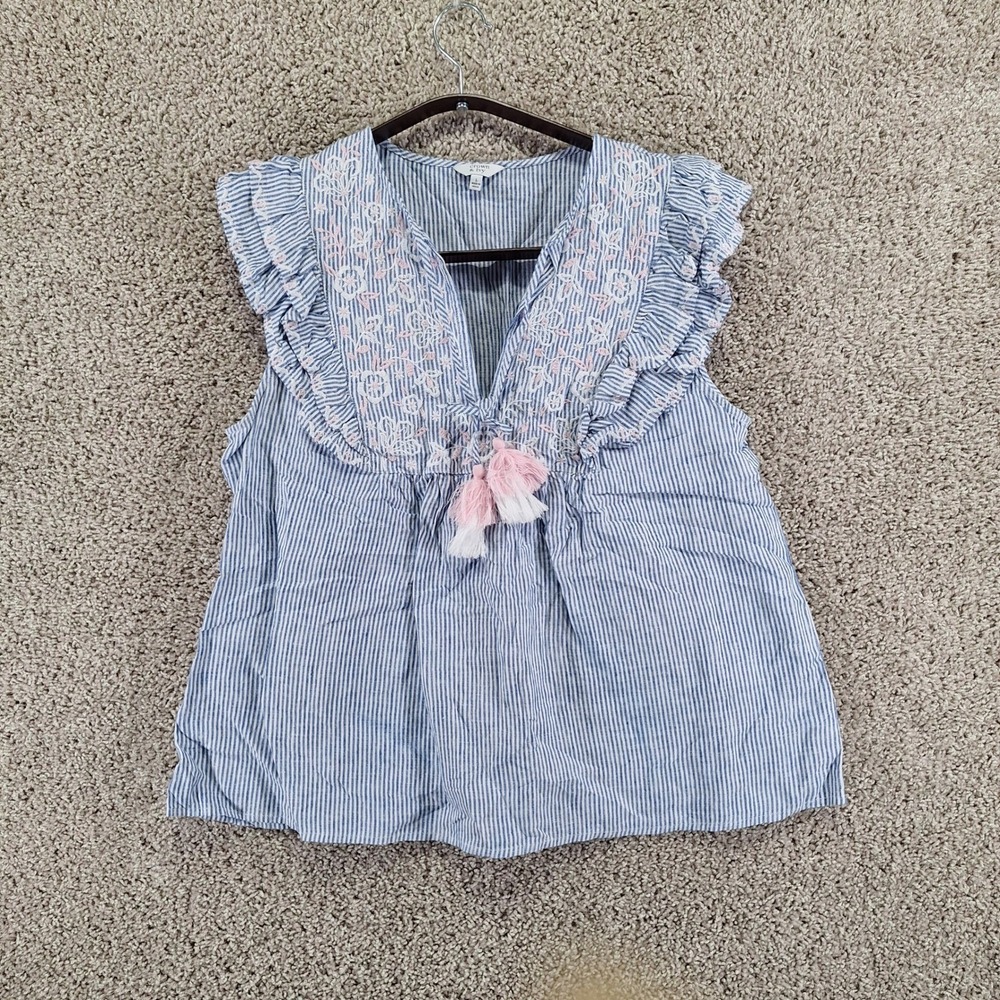 Crown & Ivy Blouse Top Womens Large Blue White Striped Embroidered Ruffle V Neck